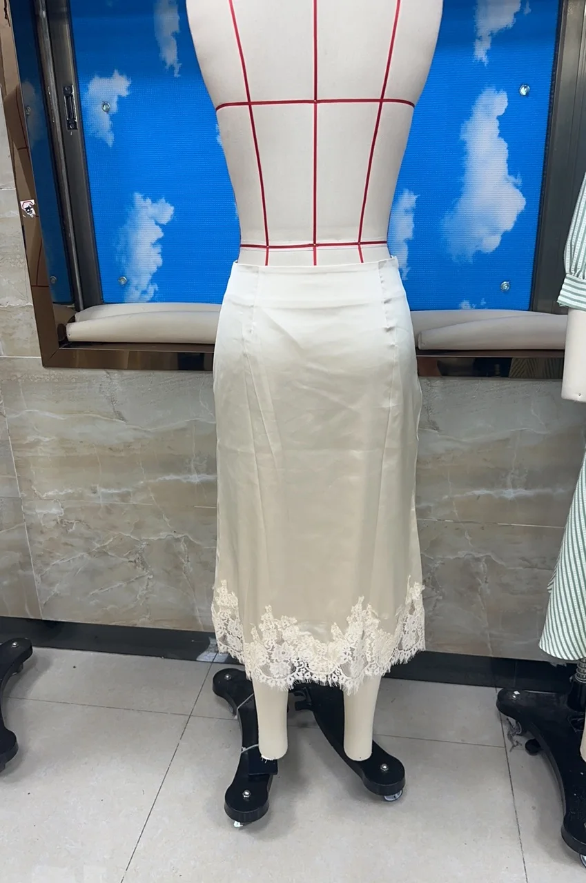 hirigin Women Silk Satin Half Slip Long Skirts Lace Patchwork Elastic Waist Long Skirt Elegant Silky Flowy A Line Midi Skirts