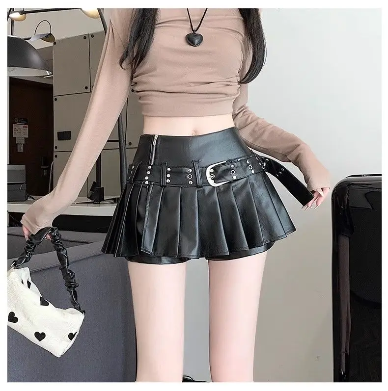 Black Retro Pu Leather Skirt Women Autumn New High-waisted A-word Pleated Skirt