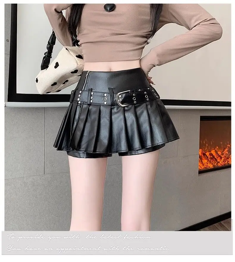Black Retro Pu Leather Skirt Women Autumn New High-waisted A-word Pleated Skirt