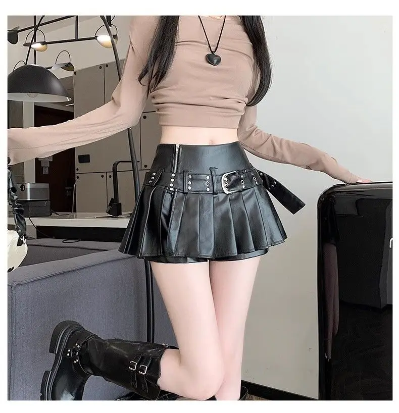 Black Retro Pu Leather Skirt Women Autumn New High-waisted A-word Pleated Skirt
