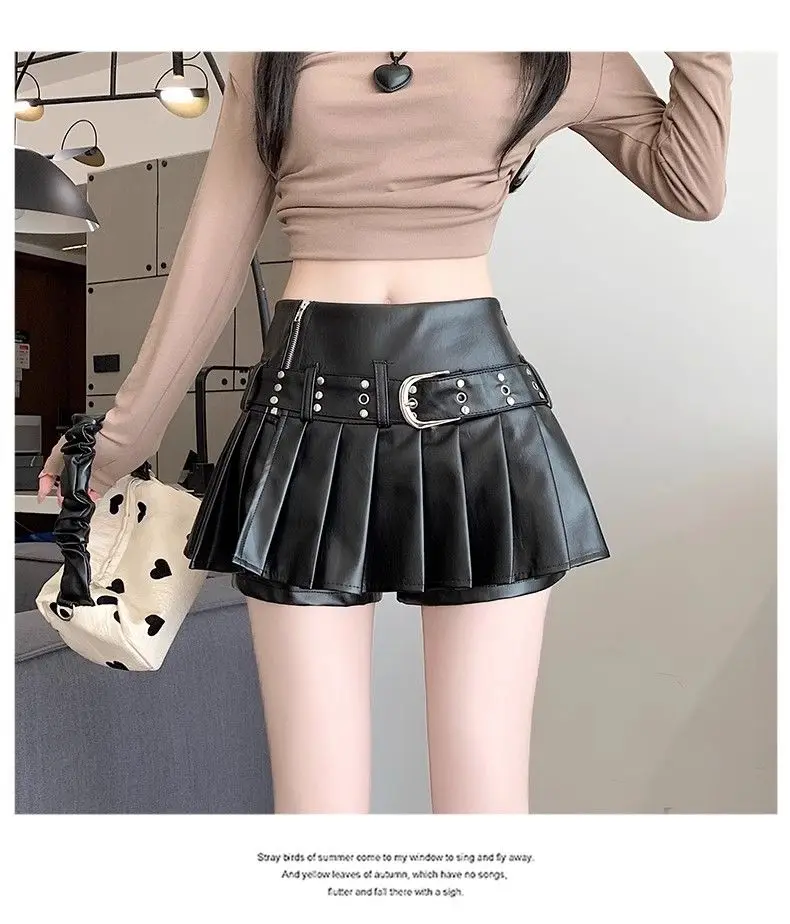 Black Retro Pu Leather Skirt Women Autumn New High-waisted A-word Pleated Skirt