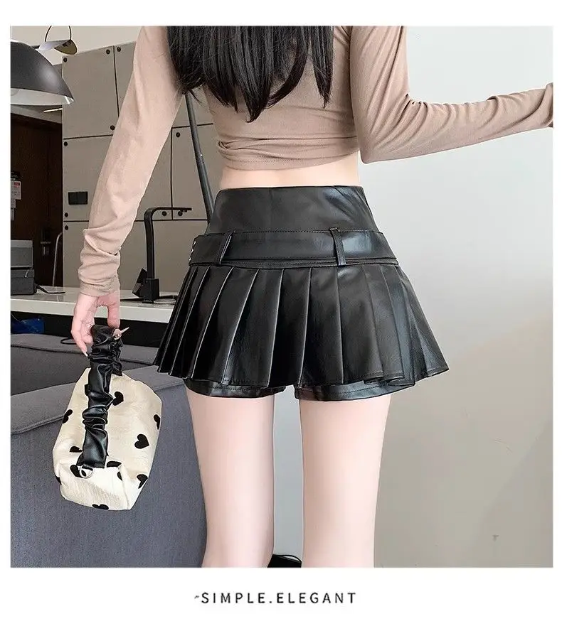Black Retro Pu Leather Skirt Women Autumn New High-waisted A-word Pleated Skirt
