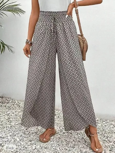 Spring Summer Women Elegant Wide Legs Pants Casual Vacation Beach Print Trousers Office Lady Loose High Waist Pants Skirts