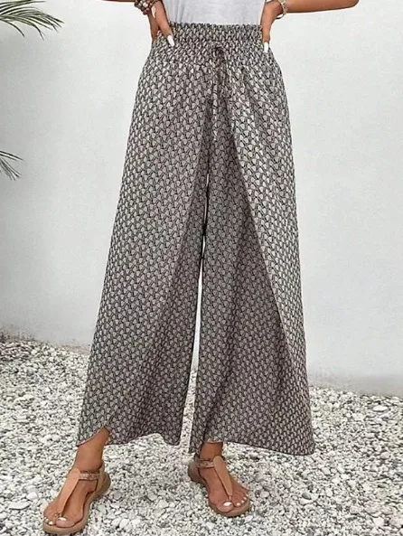 Spring Summer Women Elegant Wide Legs Pants Casual Vacation Beach Print Trousers Office Lady Loose High Waist Pants Skirts