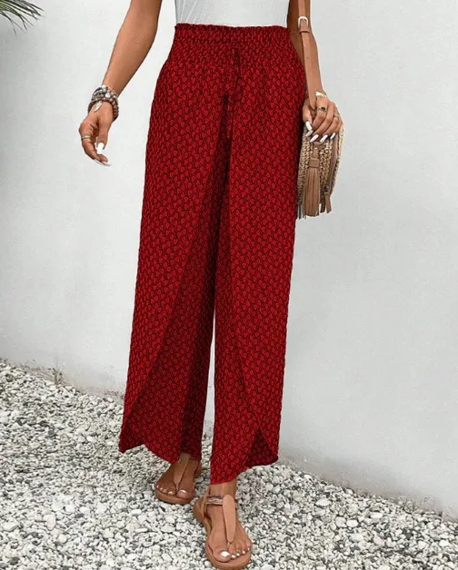 Spring Summer Women Elegant Wide Legs Pants Casual Vacation Beach Print Trousers Office Lady Loose High Waist Pants Skirts