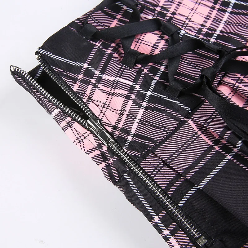 Goth Skirts Summer Y2K Woman Skirts Pink Stripe Plaid Lace Trim Pleated School Plaid Skirt Ladies Aesthetic Tie Up Jupe Femme