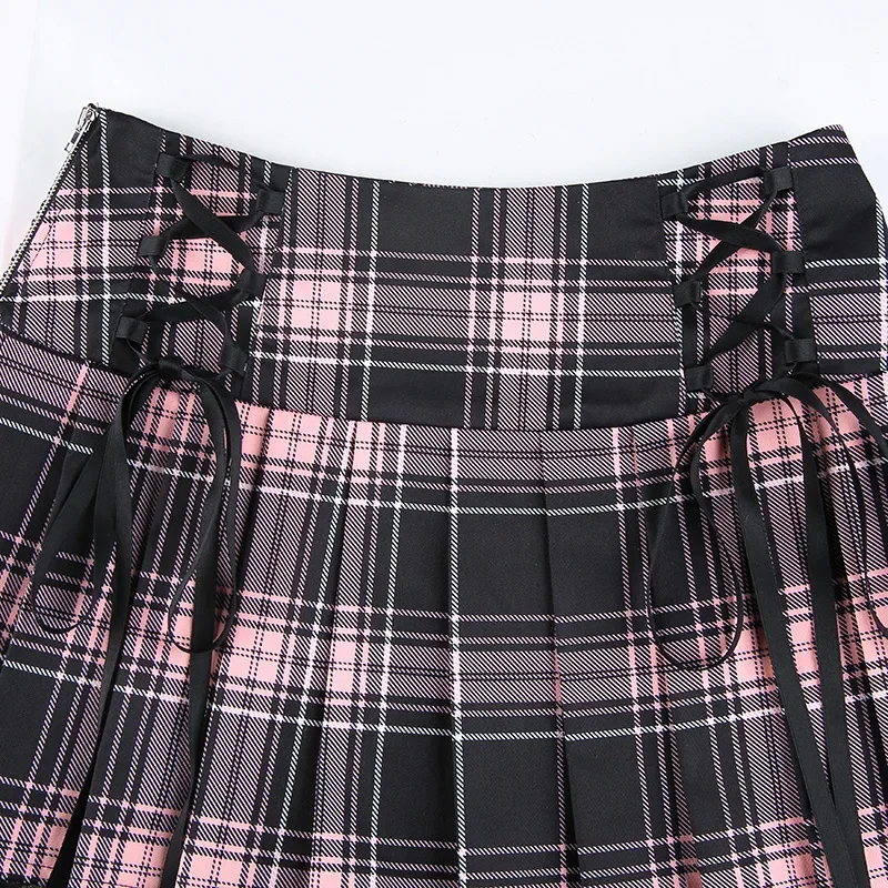 Goth Skirts Summer Y2K Woman Skirts Pink Stripe Plaid Lace Trim Pleated School Plaid Skirt Ladies Aesthetic Tie Up Jupe Femme