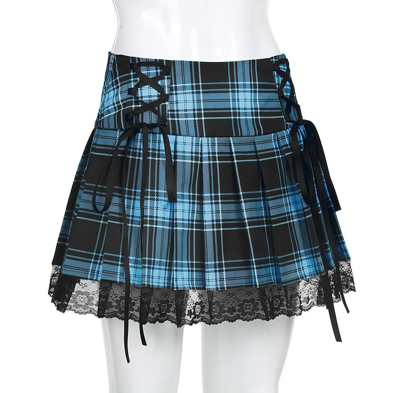 Goth Skirts Summer Y2K Woman Skirts Pink Stripe Plaid Lace Trim Pleated School Plaid Skirt Ladies Aesthetic Tie Up Jupe Femme
