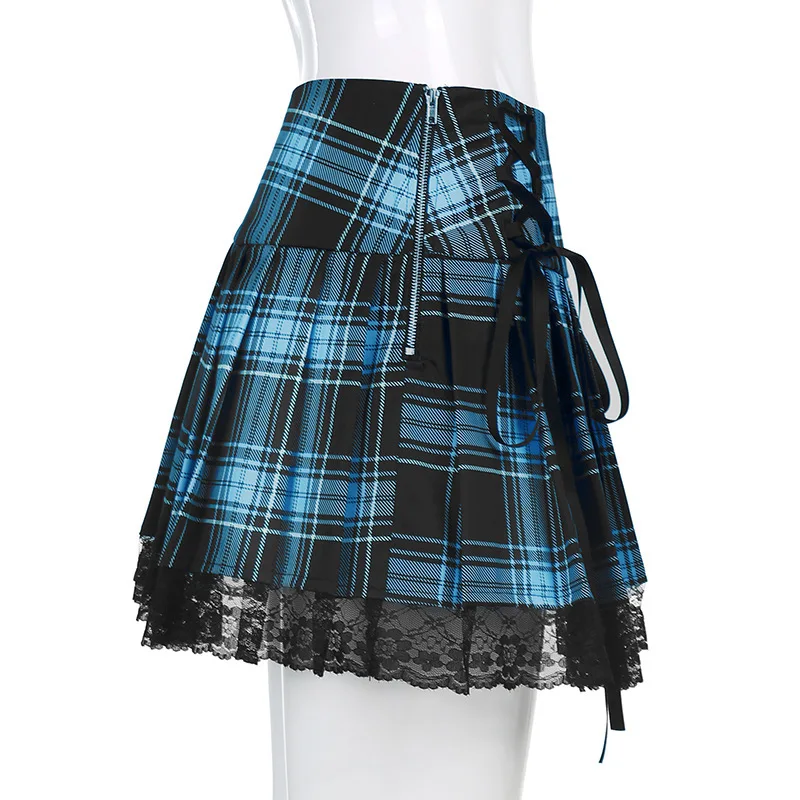 Goth Skirts Summer Y2K Woman Skirts Pink Stripe Plaid Lace Trim Pleated School Plaid Skirt Ladies Aesthetic Tie Up Jupe Femme