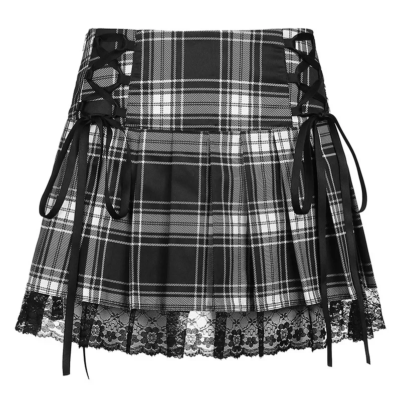 Goth Skirts Summer Y2K Woman Skirts Pink Stripe Plaid Lace Trim Pleated School Plaid Skirt Ladies Aesthetic Tie Up Jupe Femme