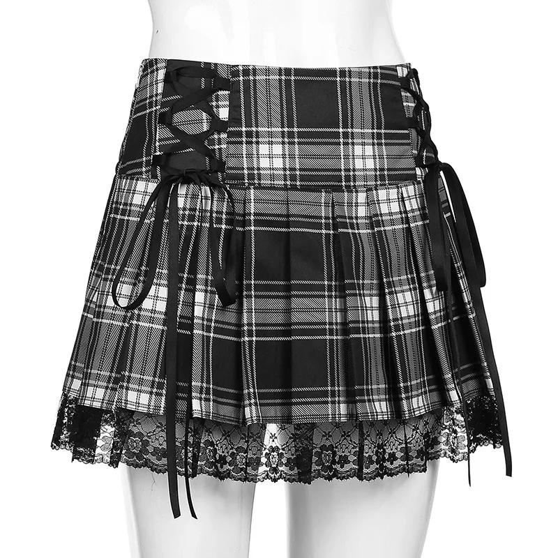 Goth Skirts Summer Y2K Woman Skirts Pink Stripe Plaid Lace Trim Pleated School Plaid Skirt Ladies Aesthetic Tie Up Jupe Femme