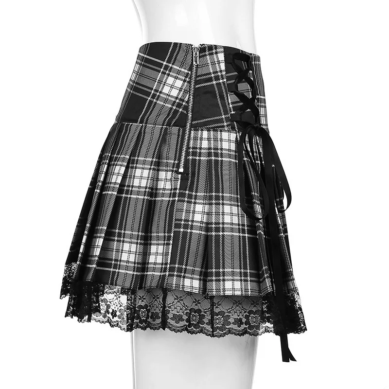 Goth Skirts Summer Y2K Woman Skirts Pink Stripe Plaid Lace Trim Pleated School Plaid Skirt Ladies Aesthetic Tie Up Jupe Femme
