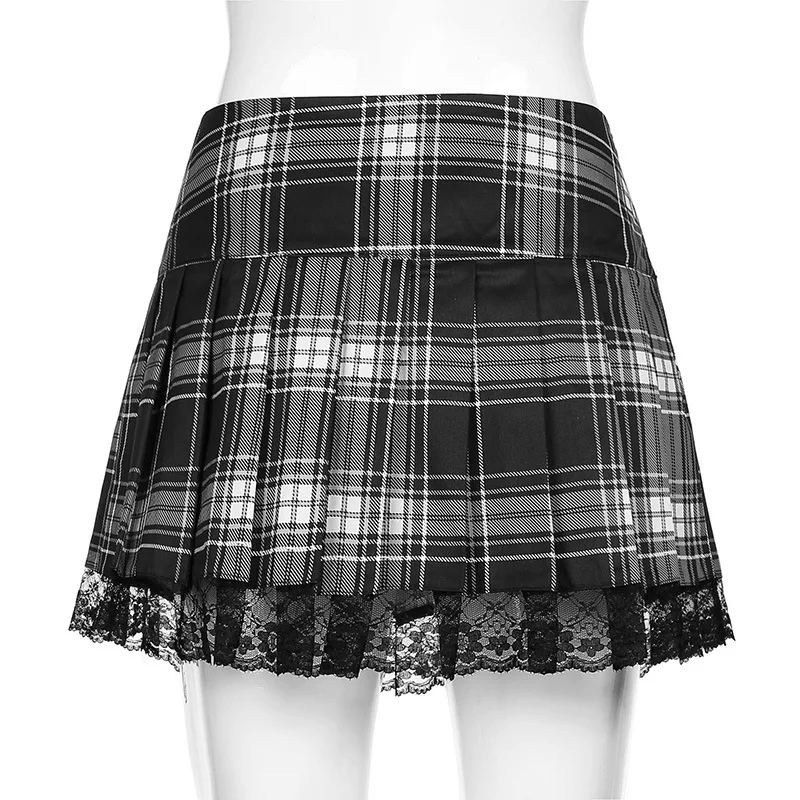 Goth Skirts Summer Y2K Woman Skirts Pink Stripe Plaid Lace Trim Pleated School Plaid Skirt Ladies Aesthetic Tie Up Jupe Femme