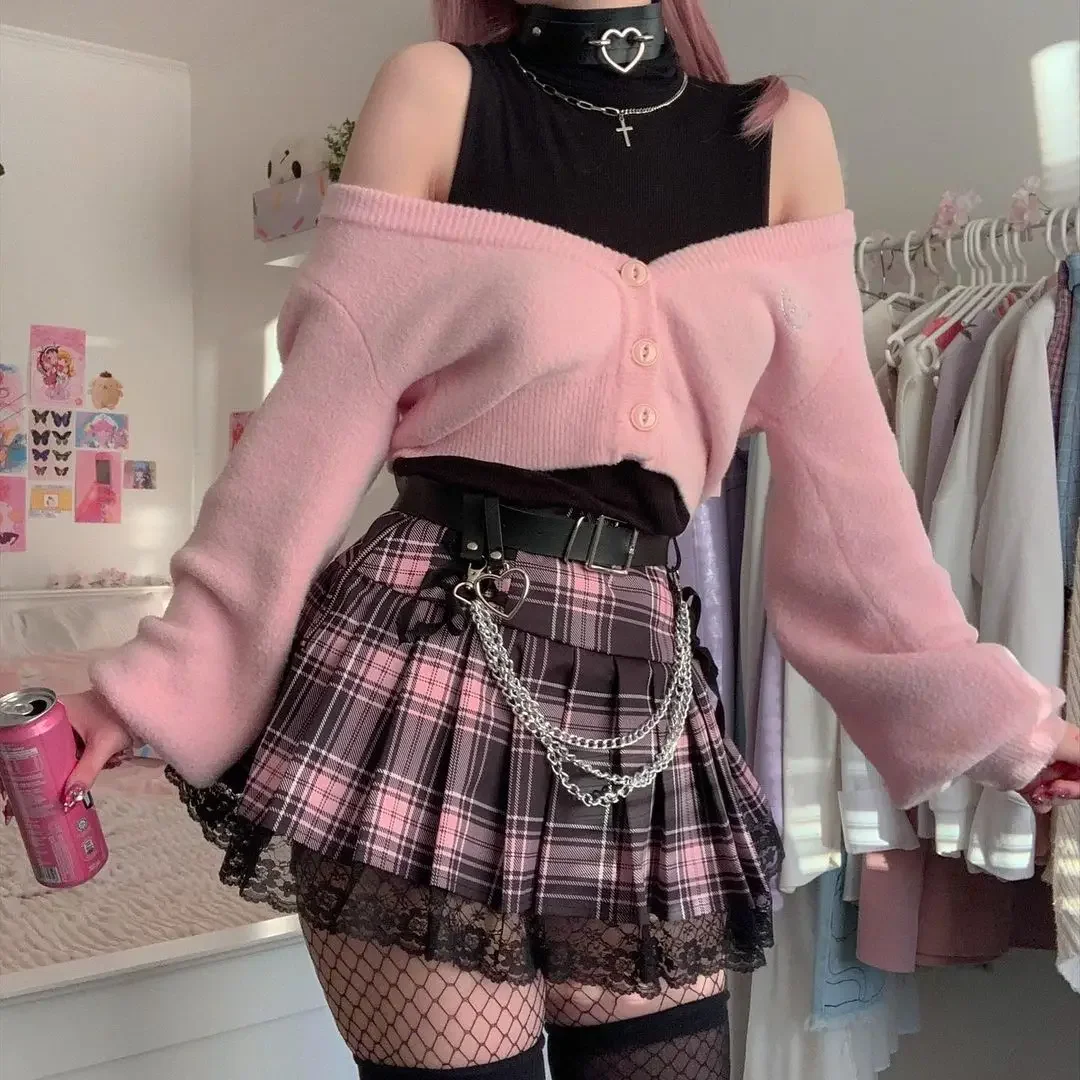 Goth Skirts Summer Y2K Woman Skirts Pink Stripe Plaid Lace Trim Pleated School Plaid Skirt Ladies Aesthetic Tie Up Jupe Femme