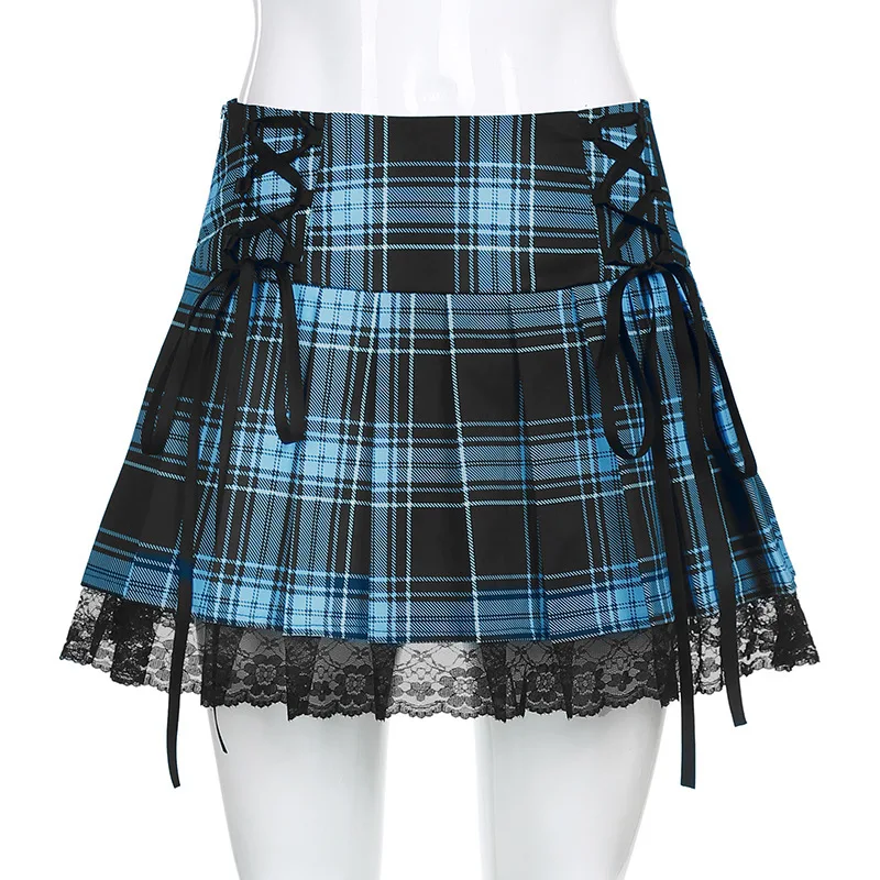 Goth Skirts Summer Y2K Woman Skirts Pink Stripe Plaid Lace Trim Pleated School Plaid Skirt Ladies Aesthetic Tie Up Jupe Femme