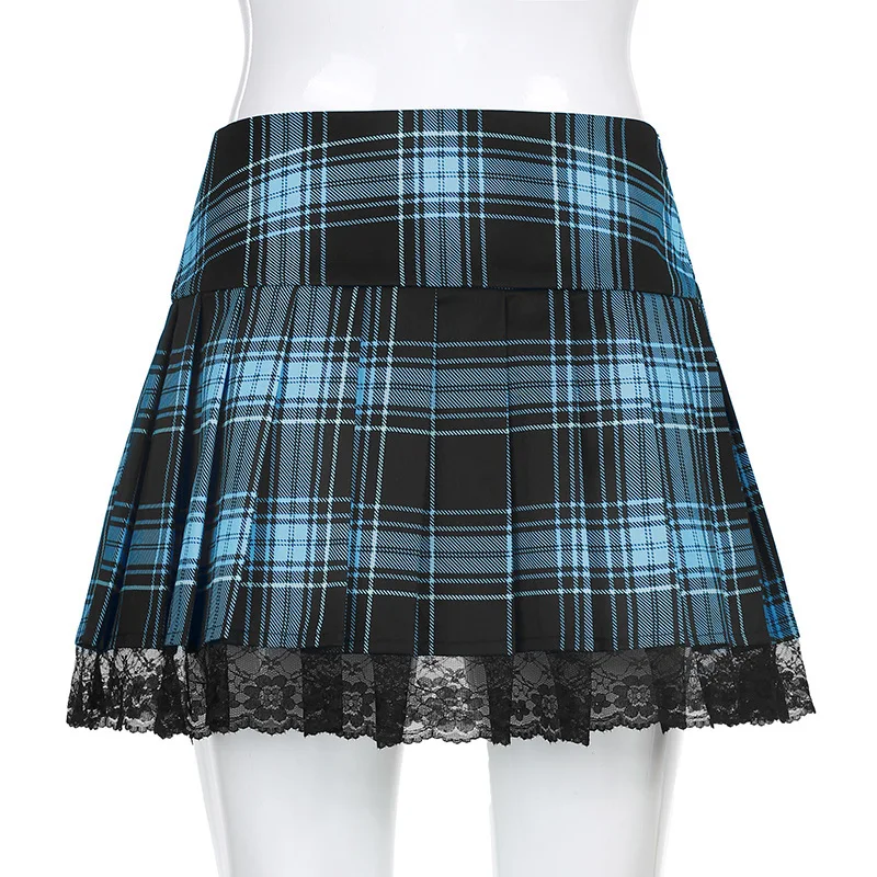 Goth Skirts Summer Y2K Woman Skirts Pink Stripe Plaid Lace Trim Pleated School Plaid Skirt Ladies Aesthetic Tie Up Jupe Femme
