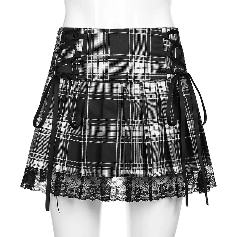 Goth Skirts Summer Y2K Woman Skirts Pink Stripe Plaid Lace Trim Pleated School Plaid Skirt Ladies Aesthetic Tie Up Jupe Femme