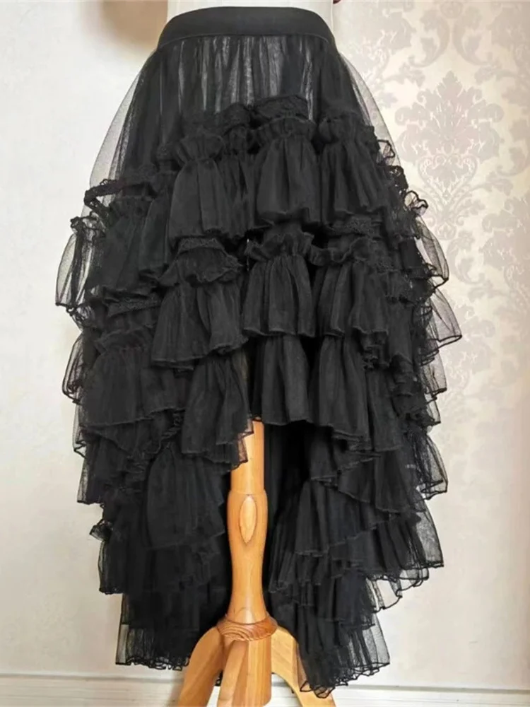 Gothic Lolita Lace Layer Jsk Princess Skirt for Women High Waist Costume Cosplay Japanese Kawaii Cute Mesh Ruffles Evening Skirt