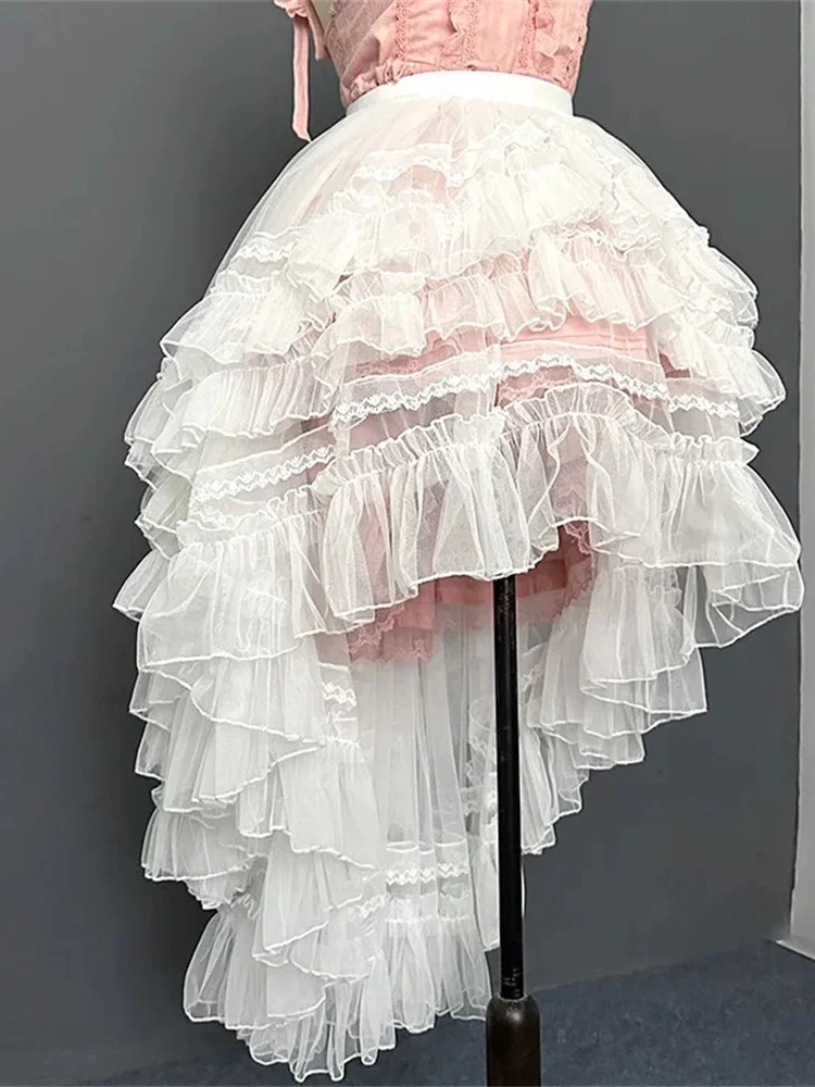 Gothic Lolita Lace Layer Jsk Princess Skirt for Women High Waist Costume Cosplay Japanese Kawaii Cute Mesh Ruffles Evening Skirt