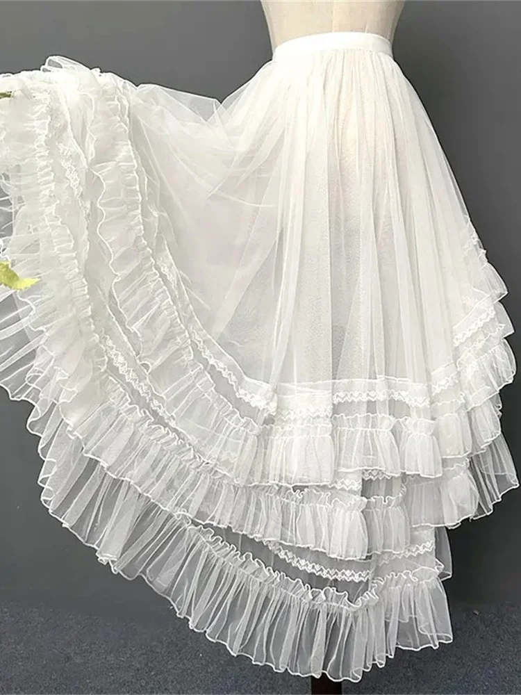 Gothic Lolita Lace Layer Jsk Princess Skirt for Women High Waist Costume Cosplay Japanese Kawaii Cute Mesh Ruffles Evening Skirt