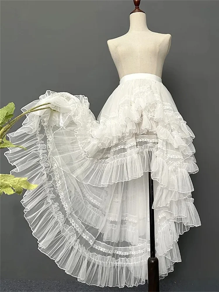Gothic Lolita Lace Layer Jsk Princess Skirt for Women High Waist Costume Cosplay Japanese Kawaii Cute Mesh Ruffles Evening Skirt