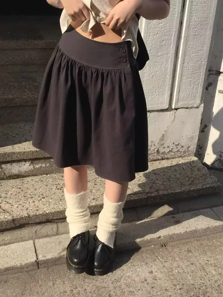 2025 Faldas Mujer De Moda Vintage Skirt for Women Korean Saia High Waist Loose Jupe Solid Color Chic Folds Summer A-line Skirts