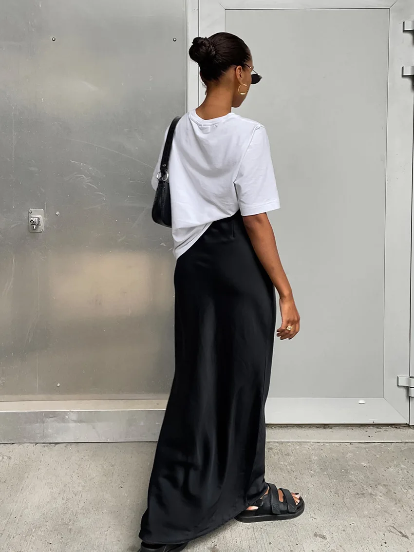 2024 Women Fashion Satin Skirt High Waist Midi Skirt Stylish Women High Street Versatile Chic Elegant Female Skirt