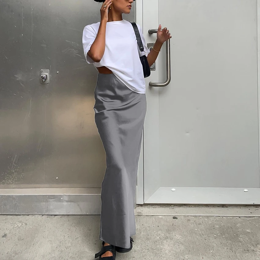 2024 Women Fashion Satin Skirt High Waist Midi Skirt Stylish Women High Street Versatile Chic Elegant Female Skirt