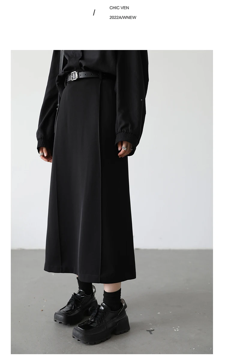 CHIC VEN Women's Skirts Loose High Waist Pleated Straight Tube Skirt Slit Black Female Clothes Office Lady Autumn Winter 2024