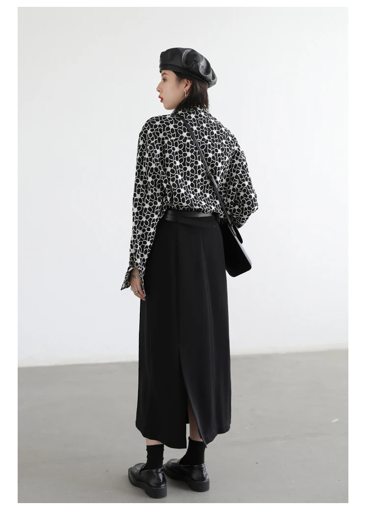 CHIC VEN Women's Skirts Loose High Waist Pleated Straight Tube Skirt Slit Black Female Clothes Office Lady Autumn Winter 2024