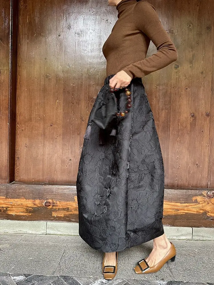 2025 New Arrival Spring/summer Arts Style Women Casual Loose Fit Elastic Waist A-line Jacquard Design Ankle-length Skirt Women