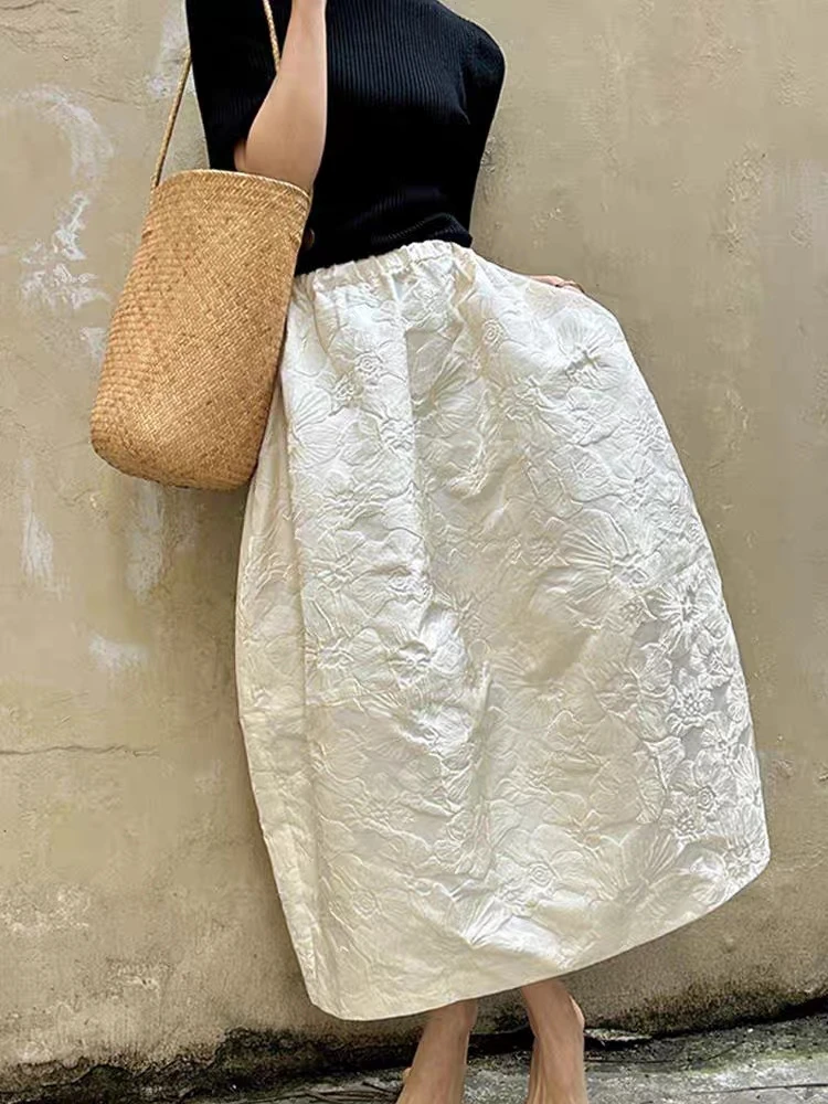 2025 New Arrival Spring/summer Arts Style Women Casual Loose Fit Elastic Waist A-line Jacquard Design Ankle-length Skirt Women