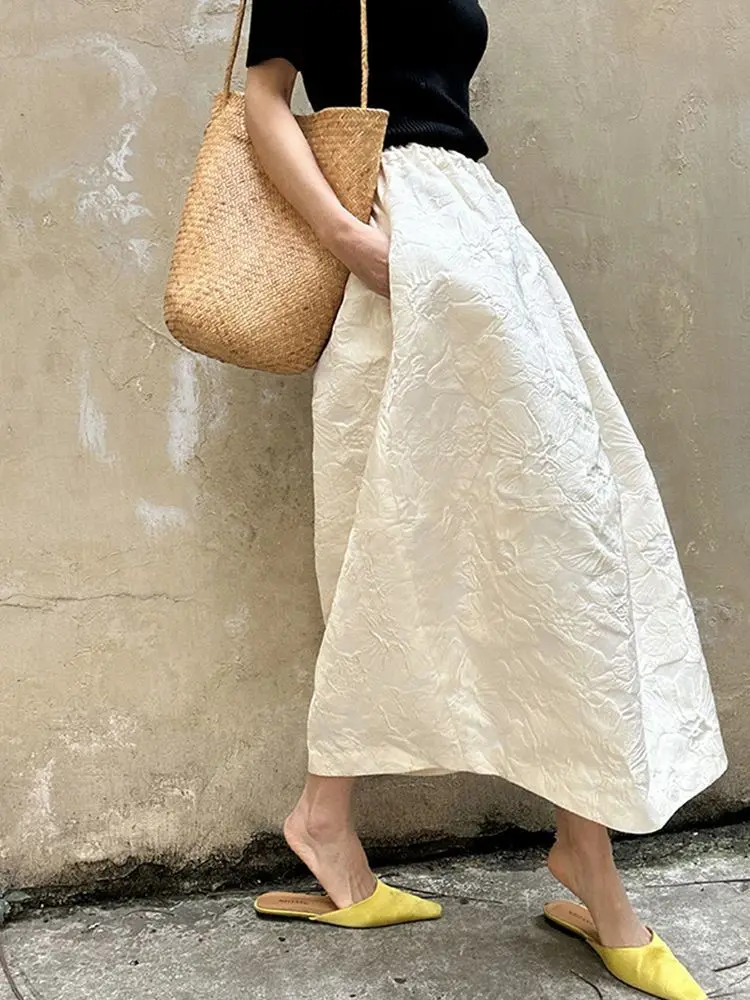2025 New Arrival Spring/summer Arts Style Women Casual Loose Fit Elastic Waist A-line Jacquard Design Ankle-length Skirt Women