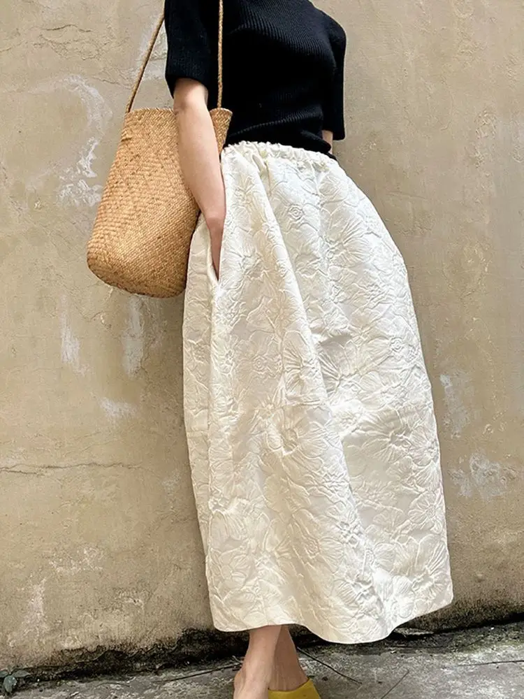 2025 New Arrival Spring/summer Arts Style Women Casual Loose Fit Elastic Waist A-line Jacquard Design Ankle-length Skirt Women