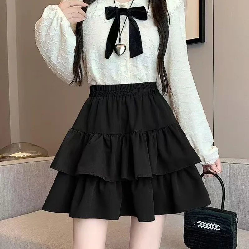 Princess Kawaii Sweet Mini Skirt Elastic High Waist Ballet-Style Tiered Skirt New White Casual Matching Girl's Short Cake Skirt