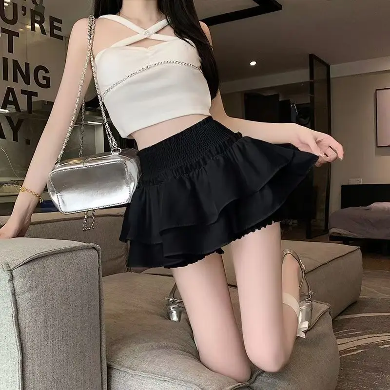 Princess Kawaii Sweet Mini Skirt Elastic High Waist Ballet-Style Tiered Skirt New White Casual Matching Girl's Short Cake Skirt