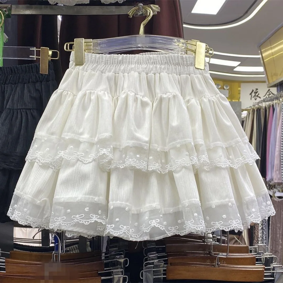 Princess Kawaii Sweet Mini Skirt Elastic High Waist Ballet-Style Tiered Skirt New White Casual Matching Girl's Short Cake Skirt