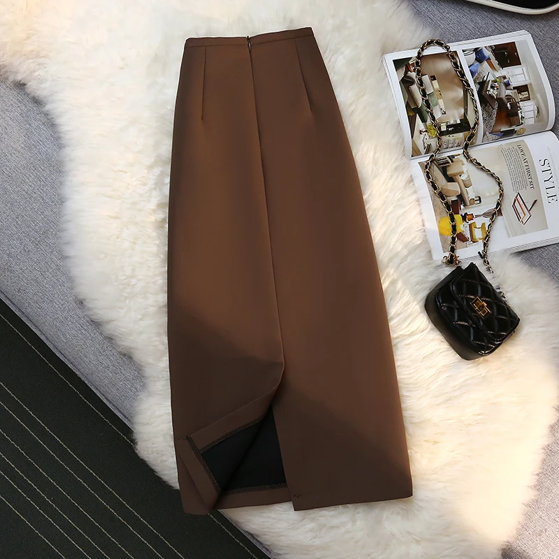 Fashion Elegant Formal Skirts Women Autumn New High Waist Drape Suit Long Brown Skirt Zipper Female