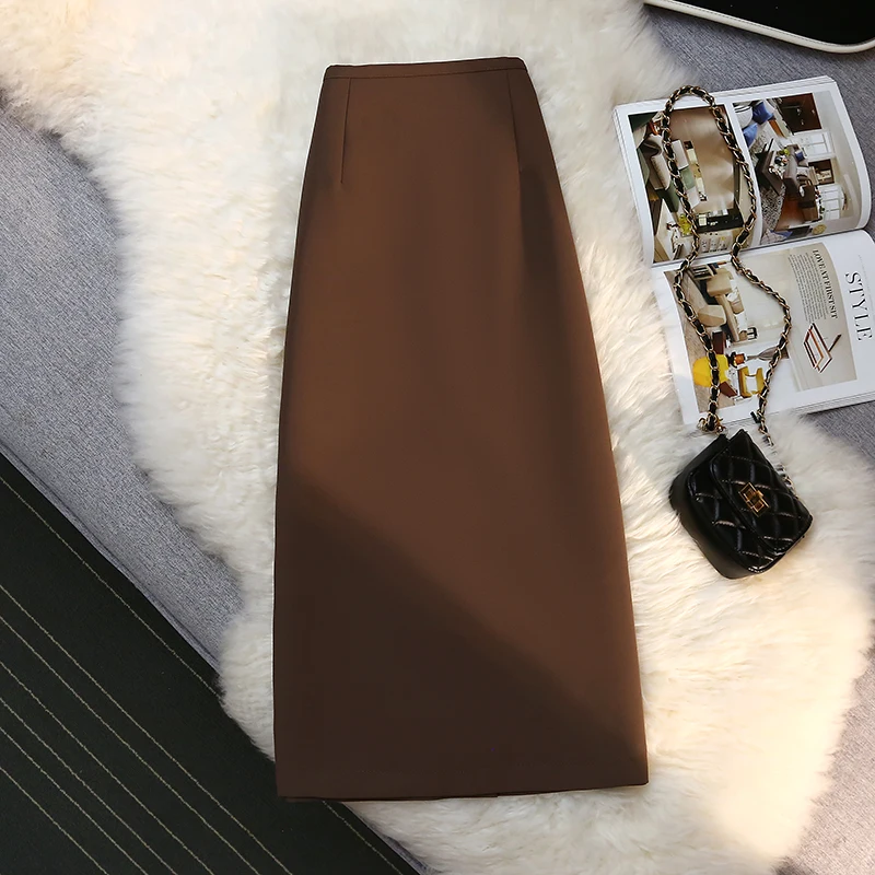 Fashion Elegant Formal Skirts Women Autumn New High Waist Drape Suit Long Brown Skirt Zipper Female
