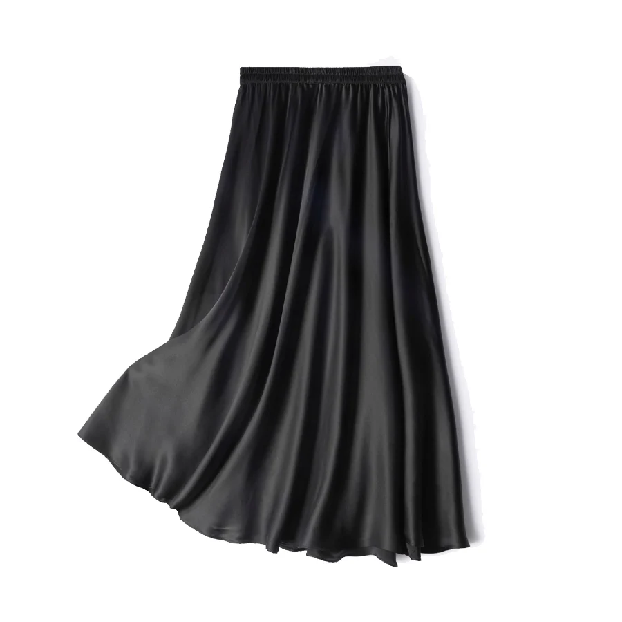 SuyaDream Women Pleated Skirt, 100%Real Silk, Elastic Waist, Solid Long A-Line Skirts, 2025 Spring Summer Bottoms