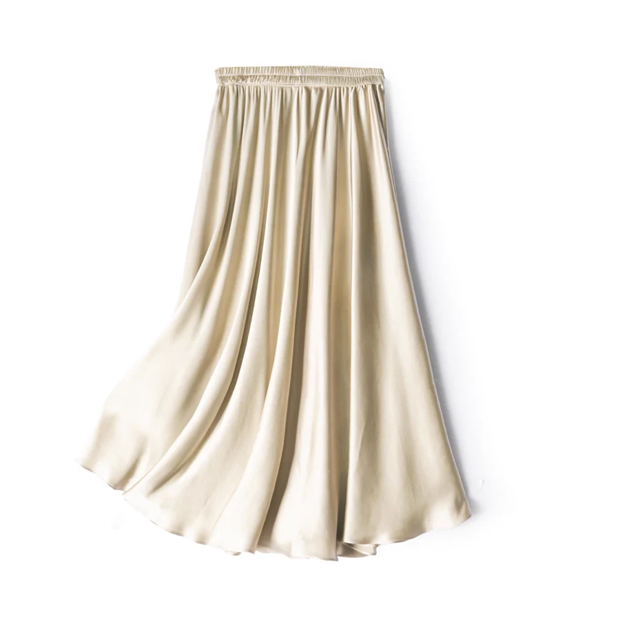 SuyaDream Women Pleated Skirt, 100%Real Silk, Elastic Waist, Solid Long A-Line Skirts, 2025 Spring Summer Bottoms