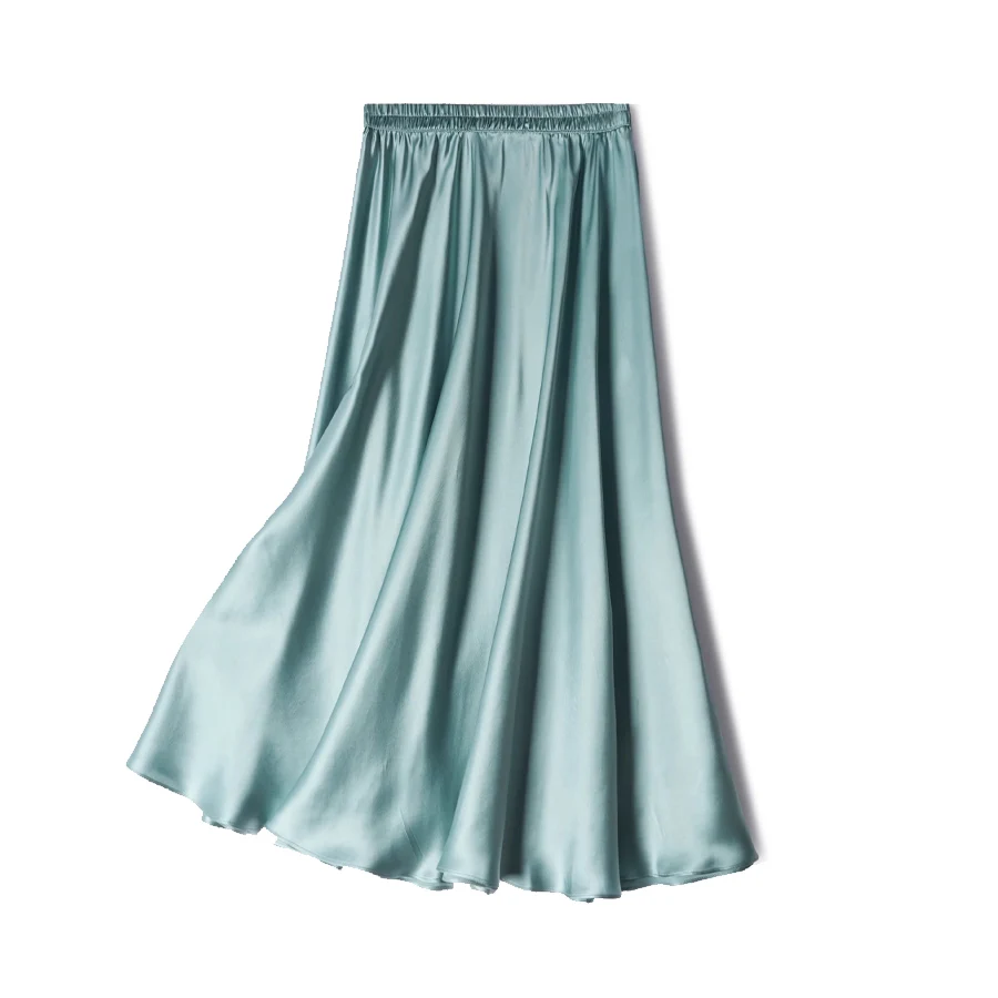 SuyaDream Women Pleated Skirt, 100%Real Silk, Elastic Waist, Solid Long A-Line Skirts, 2025 Spring Summer Bottoms