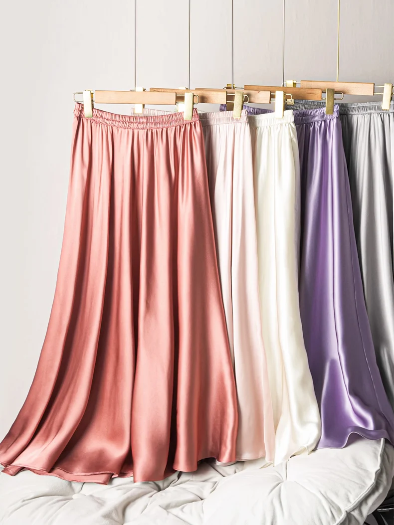 SuyaDream Women Pleated Skirt, 100%Real Silk, Elastic Waist, Solid Long A-Line Skirts, 2025 Spring Summer Bottoms