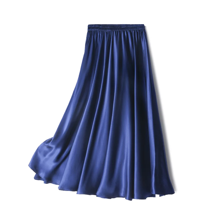 SuyaDream Women Pleated Skirt, 100%Real Silk, Elastic Waist, Solid Long A-Line Skirts, 2025 Spring Summer Bottoms