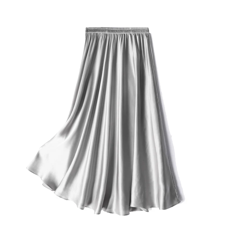 SuyaDream Women Pleated Skirt, 100%Real Silk, Elastic Waist, Solid Long A-Line Skirts, 2025 Spring Summer Bottoms