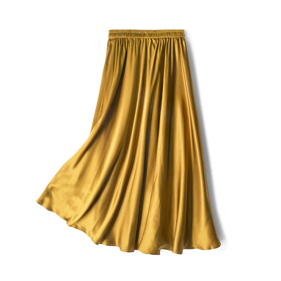 SuyaDream Women Pleated Skirt, 100%Real Silk, Elastic Waist, Solid Long A-Line Skirts, 2025 Spring Summer Bottoms