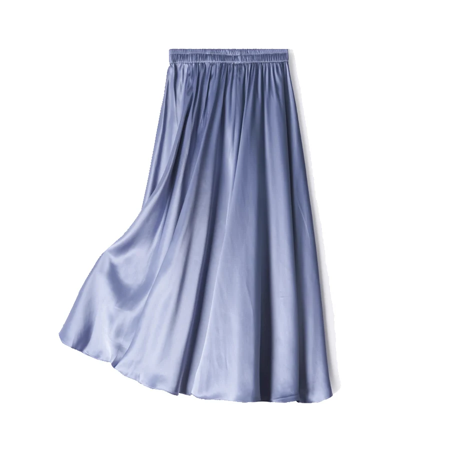 SuyaDream Women Pleated Skirt, 100%Real Silk, Elastic Waist, Solid Long A-Line Skirts, 2025 Spring Summer Bottoms