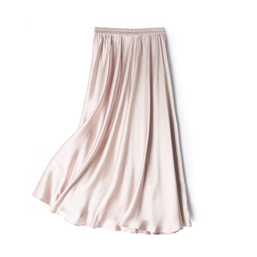 SuyaDream Women Pleated Skirt, 100%Real Silk, Elastic Waist, Solid Long A-Line Skirts, 2025 Spring Summer Bottoms