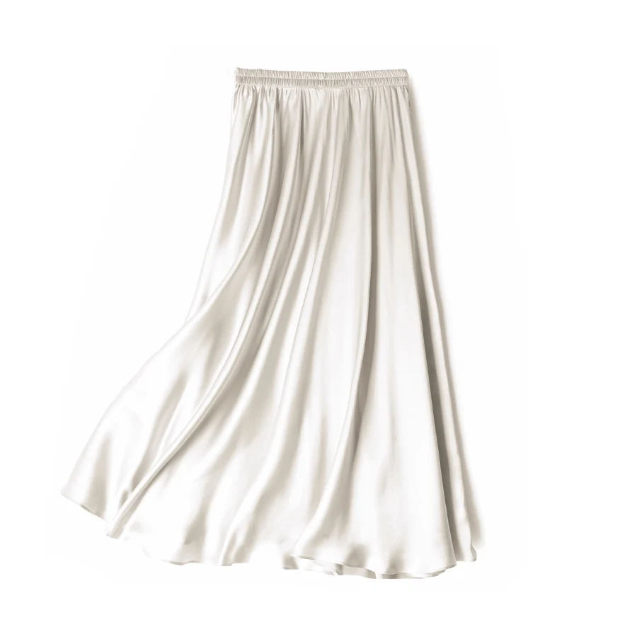 SuyaDream Women Pleated Skirt, 100%Real Silk, Elastic Waist, Solid Long A-Line Skirts, 2025 Spring Summer Bottoms