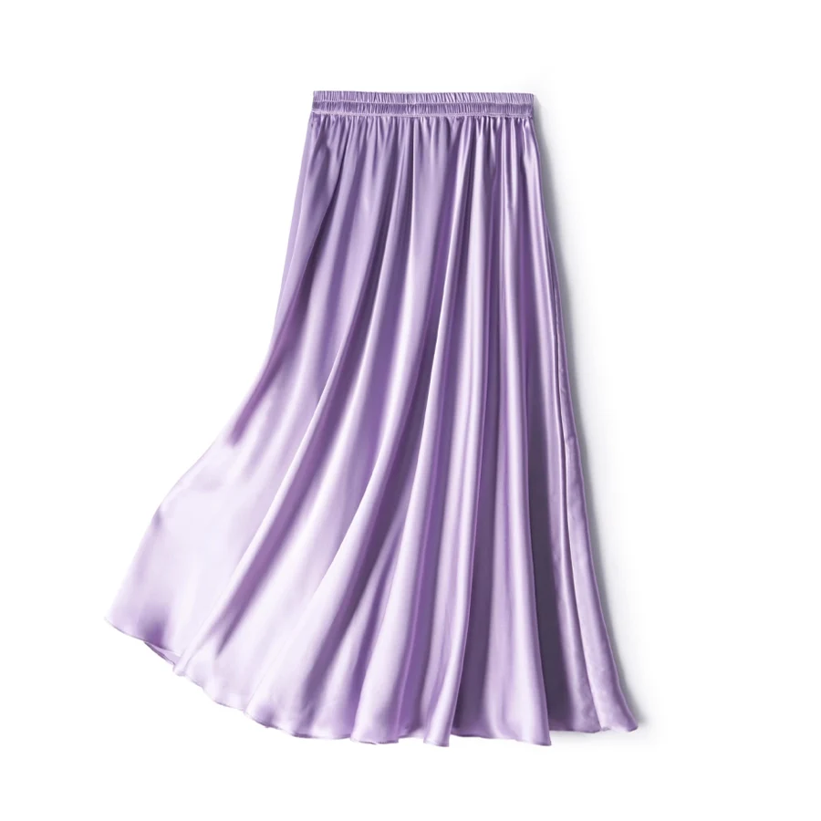 SuyaDream Women Pleated Skirt, 100%Real Silk, Elastic Waist, Solid Long A-Line Skirts, 2025 Spring Summer Bottoms
